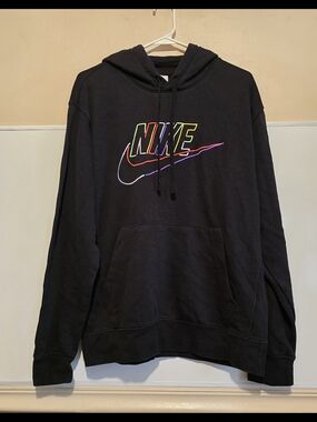 Men Nike Black Hoodie with Neon Multicolor Logo Size: Large